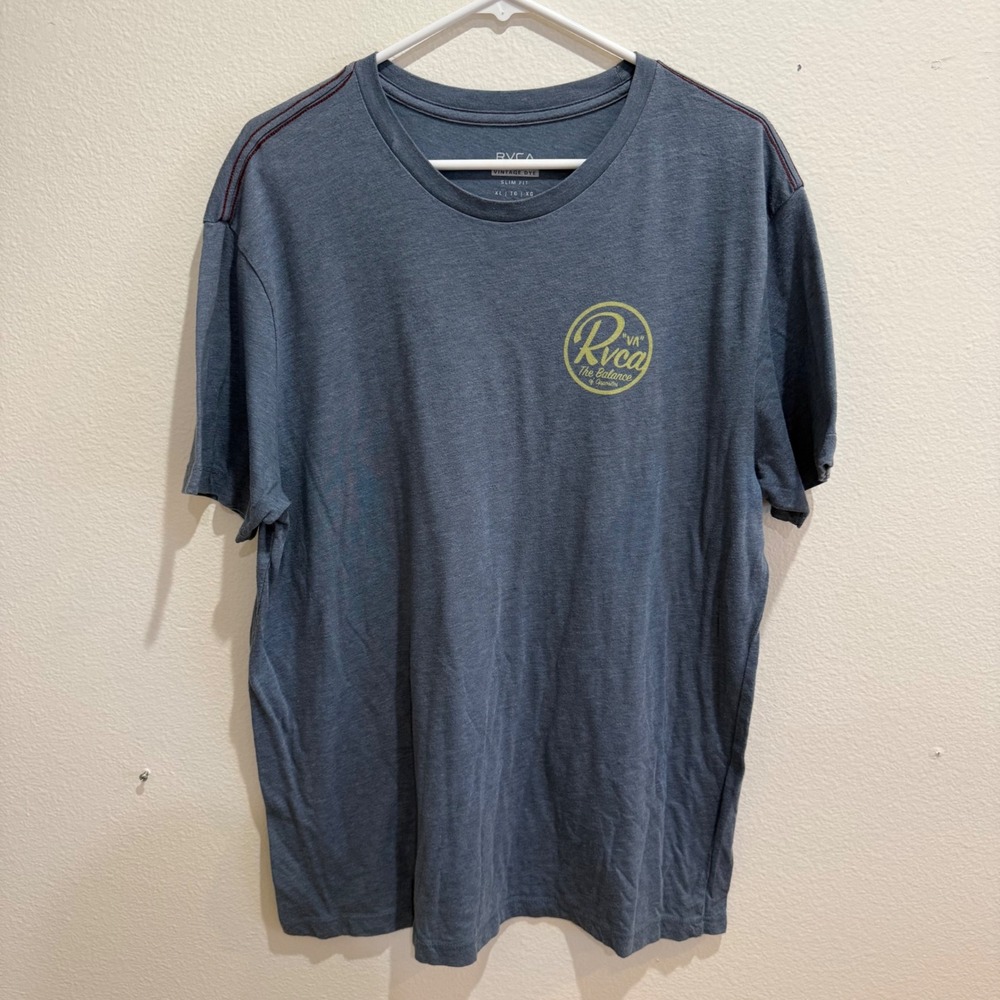 RVCA Mens Vintage Dye Slim Fit Graphic T-Shirt XL Heather Blue Balance Opposites